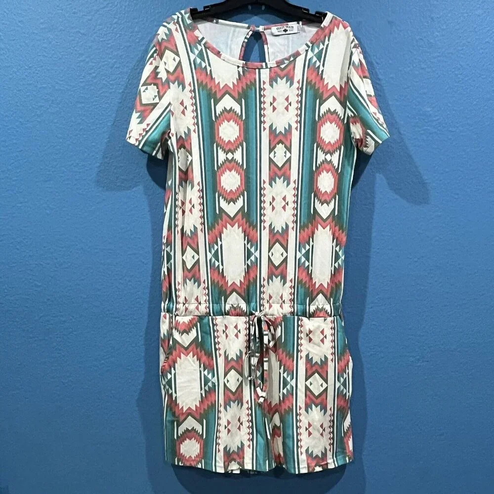 Crazy Train Aztec Southwest Design Romper Elastic Tie Waist Pockets Women Large